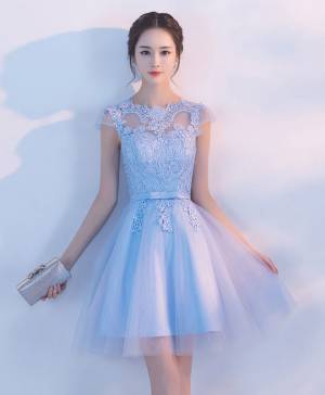 A-line Blue Tulle Short Prom Homecoming Dress