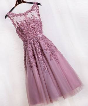 Simple Pink Tulle Short/Mini Pink Prom Dress With Lace