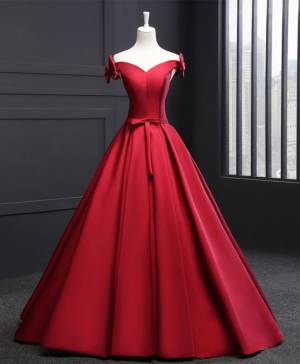 Burgundy Satin V-neck Ball Gown Long Prom Formal Dress