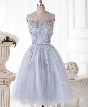 Gray Lace Tulle Round Neck Short/Mini Cute Prom Homecoming Dress