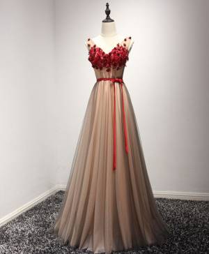 Tulle Lace V-neck A-line Long Prom Evening Dress