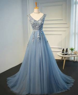 Blue Tulle Lace V-neck A-line Long Prom Evening Dress