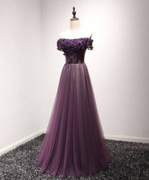 Purple Tulle Lace Off-the-shoulder Long Prom Evening Dress