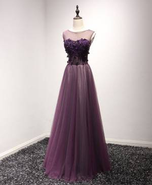 Purple Tulle Lace Round Neck Long Prom Evening Dress