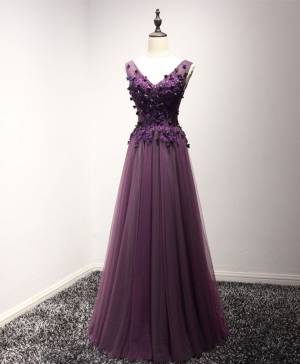 Purple Tulle Lace V-neck Long Prom Evening Dress