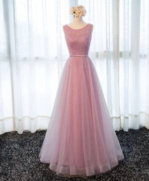 Tulle Lace Round Neck A-line Long Prom Evening Dress