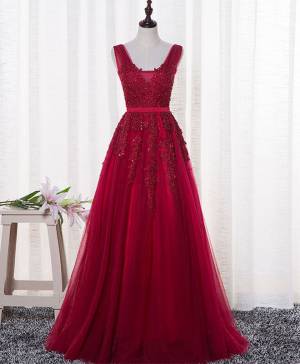 Floor Length Red Tulle V-neck Long Prom Evening Dress With Lace