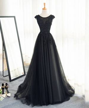 Black Tulle Lace A-line Long Prom Evening Dress