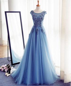Blue Tulle Lace A-line Long Prom Evening Dress