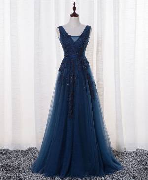 Vintage Blue Lace Tulle Long Prom Dress With Lace