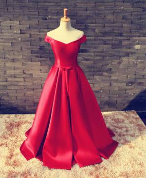 Red Satin V-neck Ball Gown Long Prom Formal Dress
