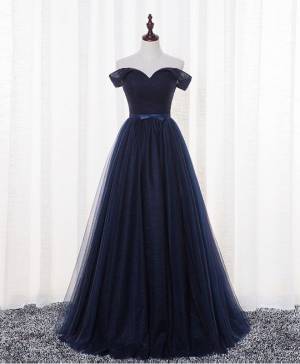 A-line Dark Blue Tulle Long Prom Evening Dress