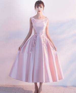 Pink Satin Lace Tea-length Prom Evening Dress