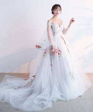 White Tulle With Applique Long Prom Evening Dress