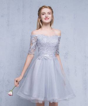 Off Shoulder Gray Tulle Lace Short/Mini Homecoming Dress