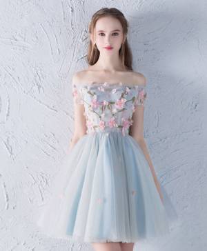 Gray/Blue Tulle Lace With Applique Short/Mini Prom Homecoming Dress