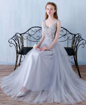 Gray Tulle Lace V-neck Long Prom Bridesmaid Dress