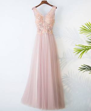 Pink Lace V-neck Long Prom Evening Dress