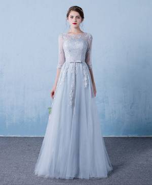 Gray Tulle Lace Round Neck Long Prom Bridesmaid Dress