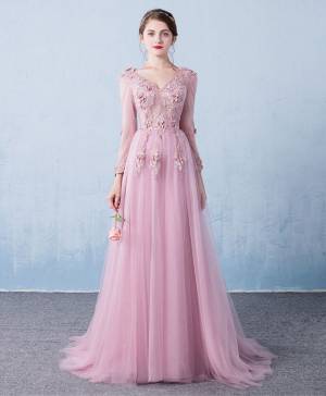 Pink Tulle Lace V-neck Long Prom Bridesmaid Dress